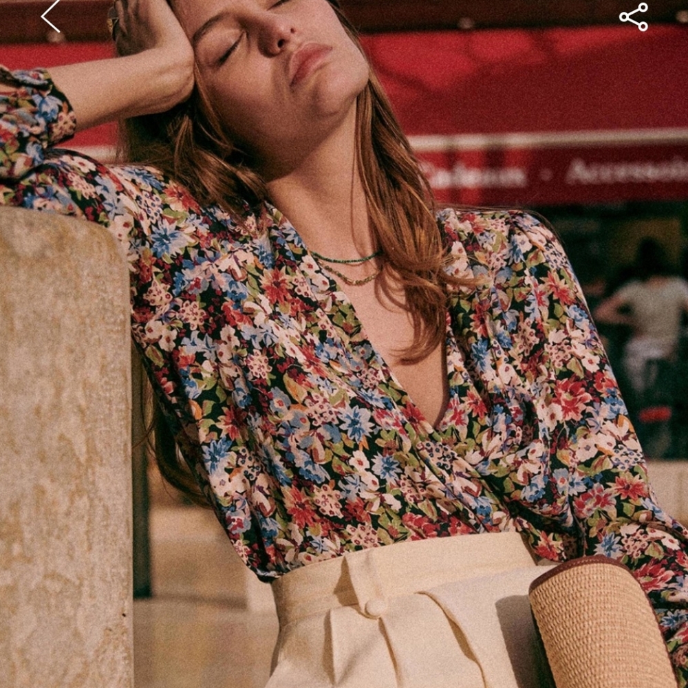 Sezane Abelia Long-Sleeved Wrap Around Style Floral Blouse